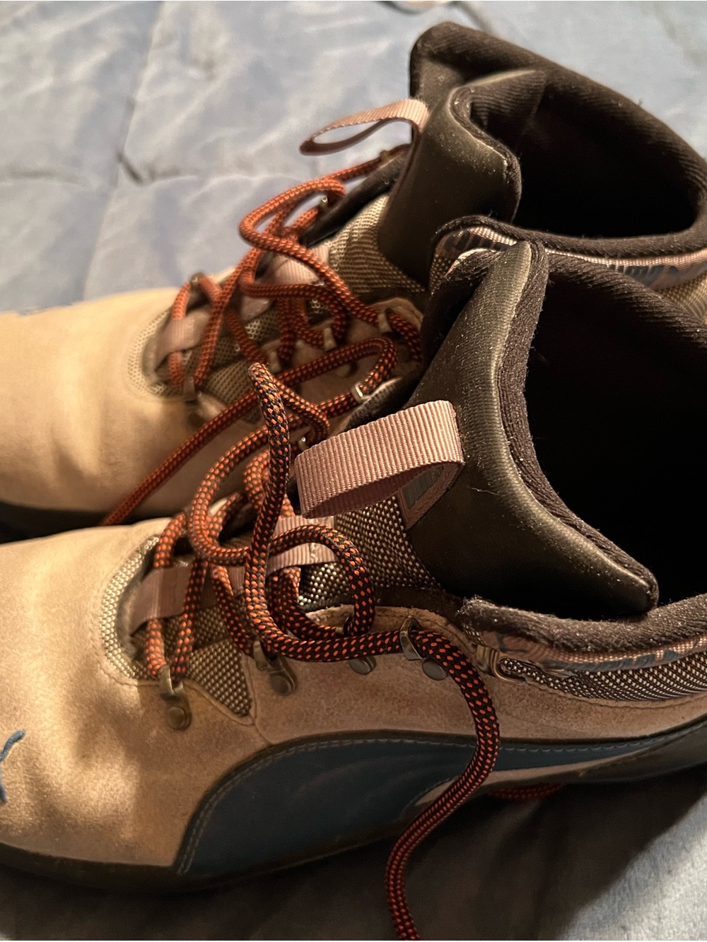 Puma Men's Tan and Brown Hiking Boots with Blue Accents